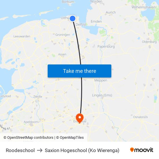 Roodeschool to Saxion Hogeschool (Ko Wierenga) map