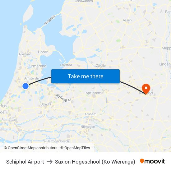 Schiphol Airport to Saxion Hogeschool (Ko Wierenga) map