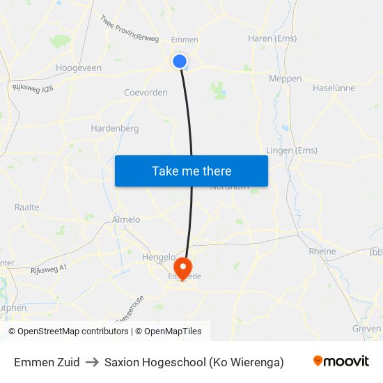 Emmen Zuid to Saxion Hogeschool (Ko Wierenga) map