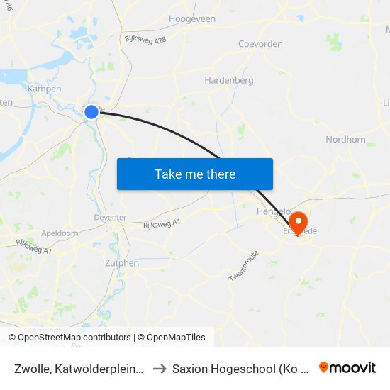 Zwolle, Katwolderplein/Centrum to Saxion Hogeschool (Ko Wierenga) map