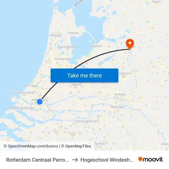 Rotterdam Centraal Perron C to Hogeschool Windesheim map
