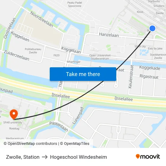 Zwolle, Station to Hogeschool Windesheim map