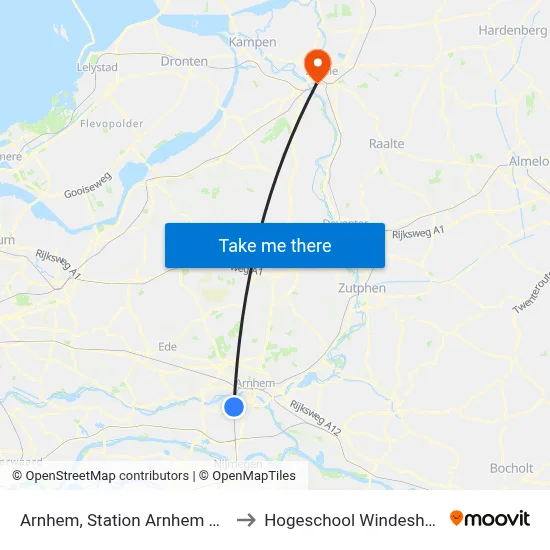 Arnhem, Station Arnhem Zuid to Hogeschool Windesheim map