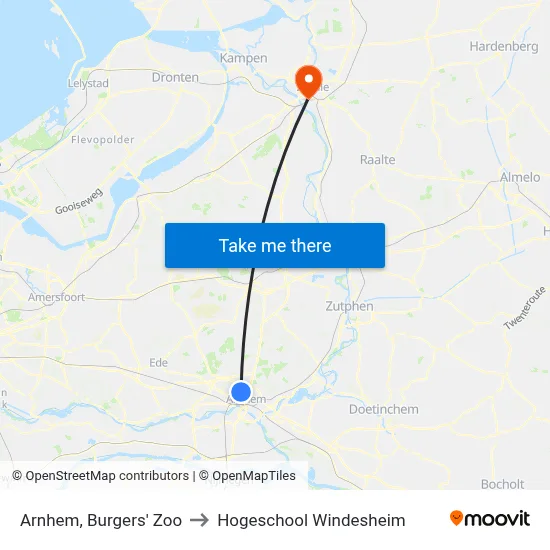 Arnhem, Burgers' Zoo to Hogeschool Windesheim map