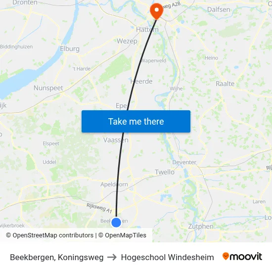 Beekbergen, Koningsweg to Hogeschool Windesheim map