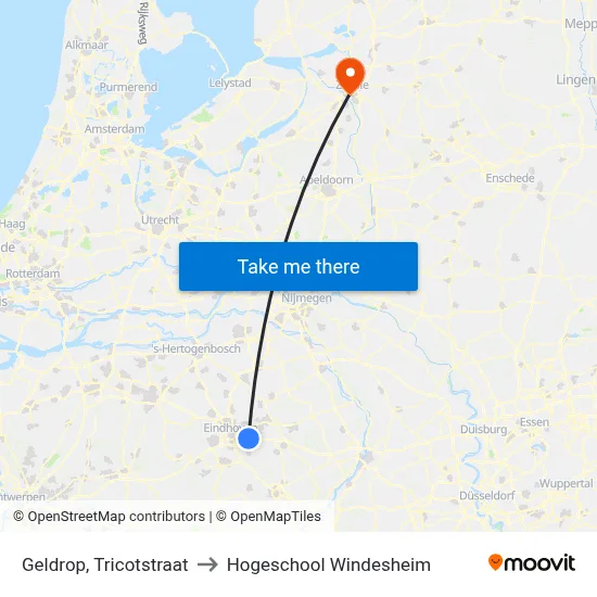 Geldrop, Tricotstraat to Hogeschool Windesheim map