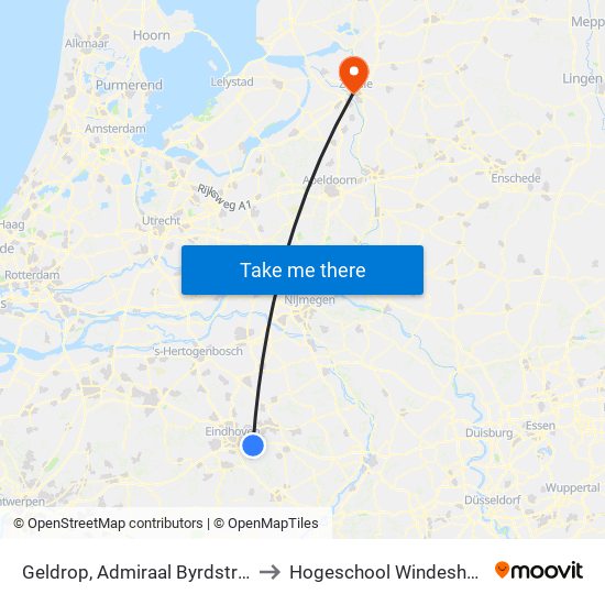Geldrop, Admiraal Byrdstraat to Hogeschool Windesheim map
