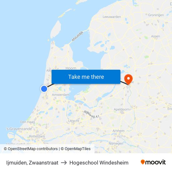 Ijmuiden, Zwaanstraat to Hogeschool Windesheim map