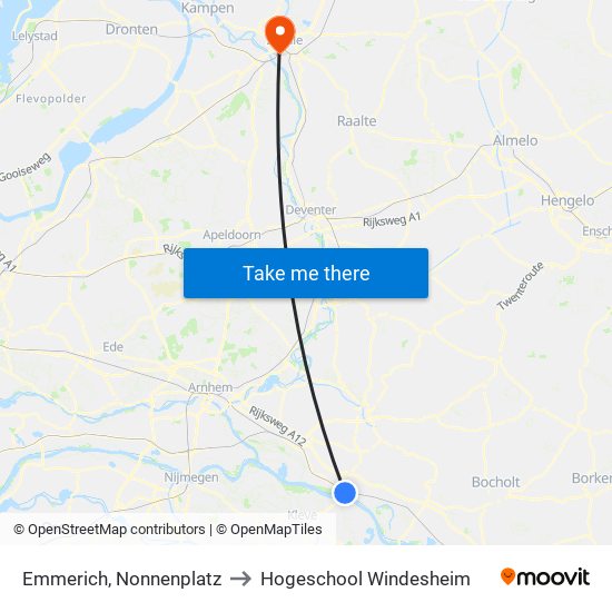 Emmerich, Nonnenplatz to Hogeschool Windesheim map