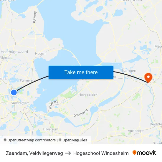 Zaandam, Veldvliegerweg to Hogeschool Windesheim map