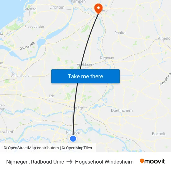 Nijmegen, Radboud Umc to Hogeschool Windesheim map