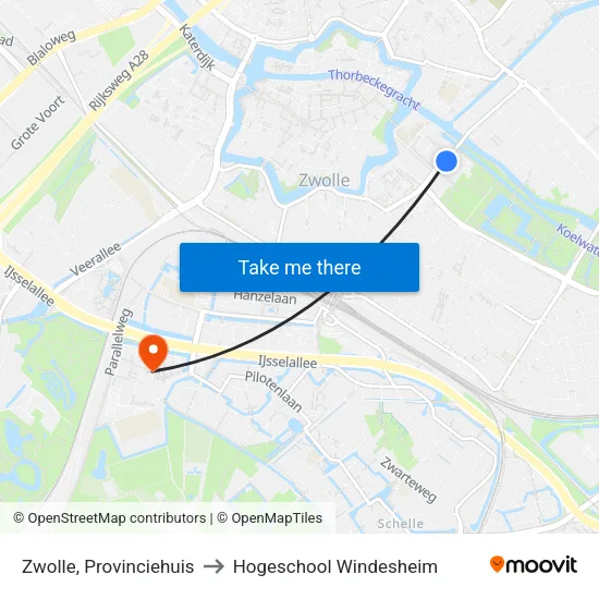 Zwolle, Provinciehuis to Hogeschool Windesheim map