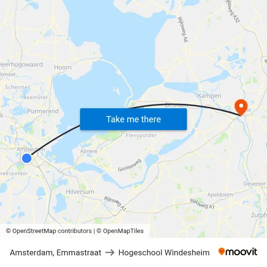 Amsterdam, Emmastraat to Hogeschool Windesheim map