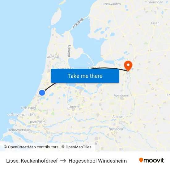 Lisse, Keukenhofdreef to Hogeschool Windesheim map