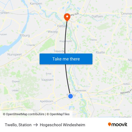 Twello, Station to Hogeschool Windesheim map