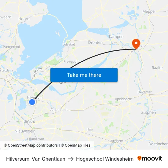 Hilversum, Van Ghentlaan to Hogeschool Windesheim map