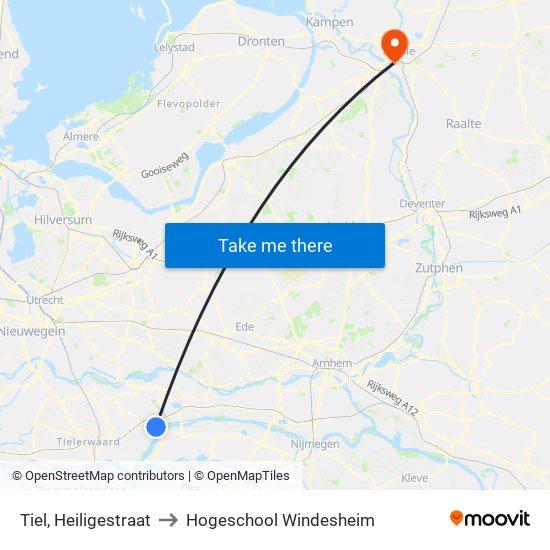 Tiel, Heiligestraat to Hogeschool Windesheim map