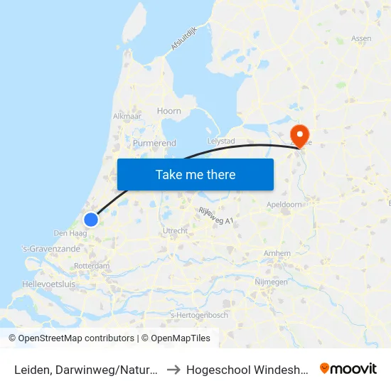 Leiden, Darwinweg/Naturalis to Hogeschool Windesheim map
