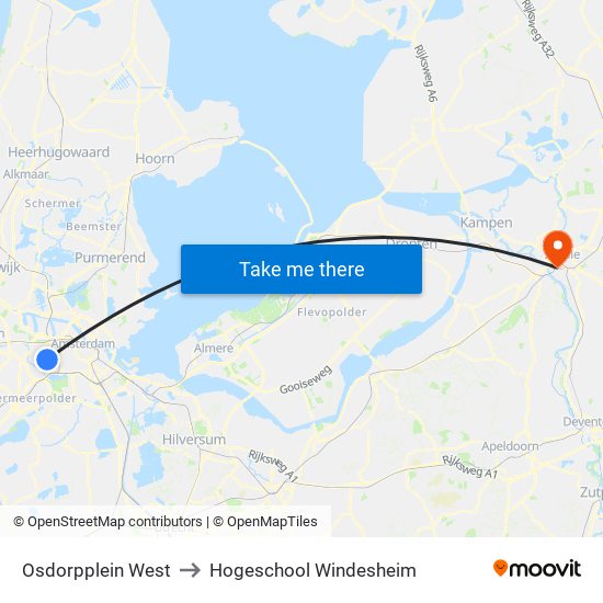 Osdorpplein West to Hogeschool Windesheim map