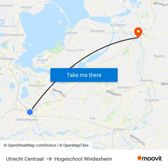 Utrecht Centraal to Hogeschool Windesheim map