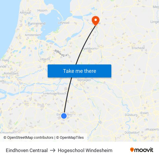 Eindhoven Centraal to Hogeschool Windesheim map