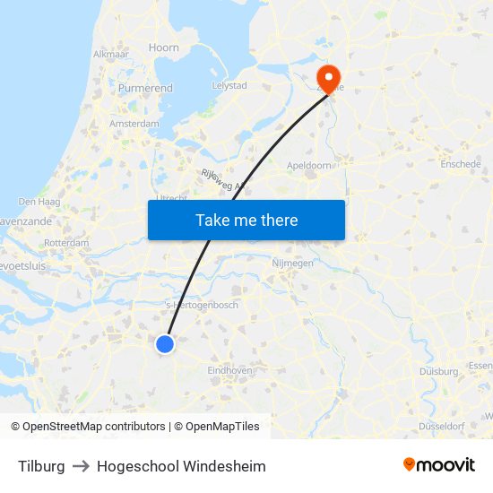 Tilburg to Hogeschool Windesheim map