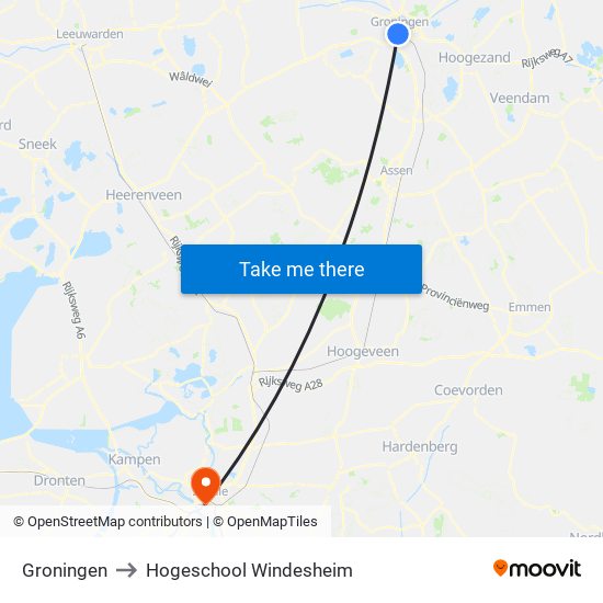 Groningen to Hogeschool Windesheim map