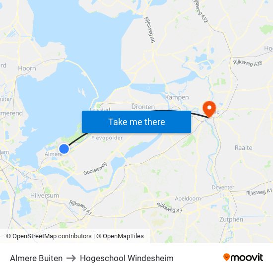 Almere Buiten to Hogeschool Windesheim map