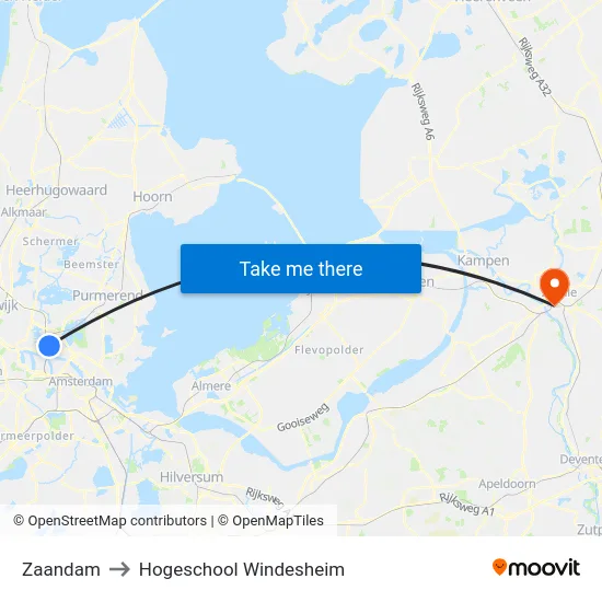 Zaandam to Hogeschool Windesheim map