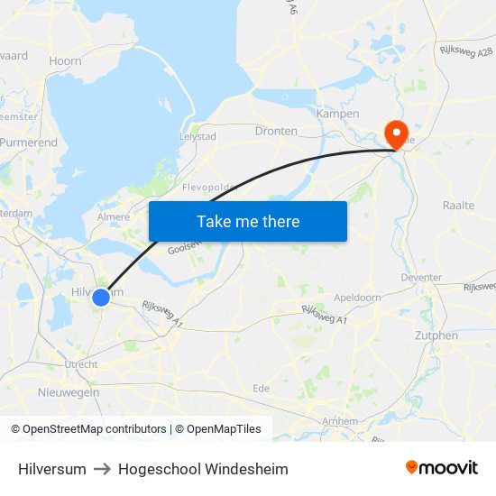 Hilversum to Hogeschool Windesheim map