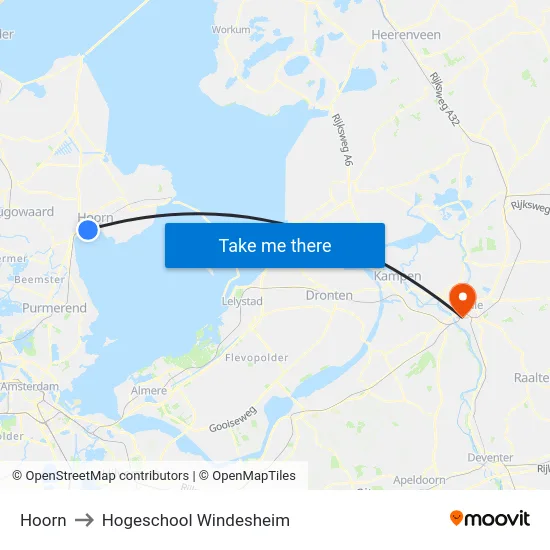 Hoorn to Hogeschool Windesheim map