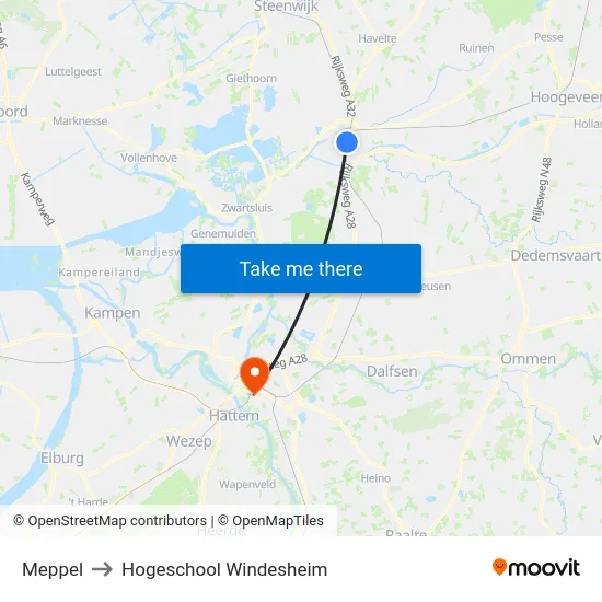 Meppel to Hogeschool Windesheim map