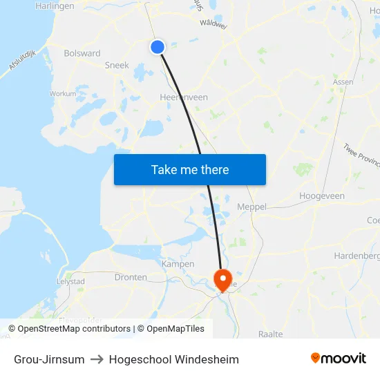 Grou-Jirnsum to Hogeschool Windesheim map