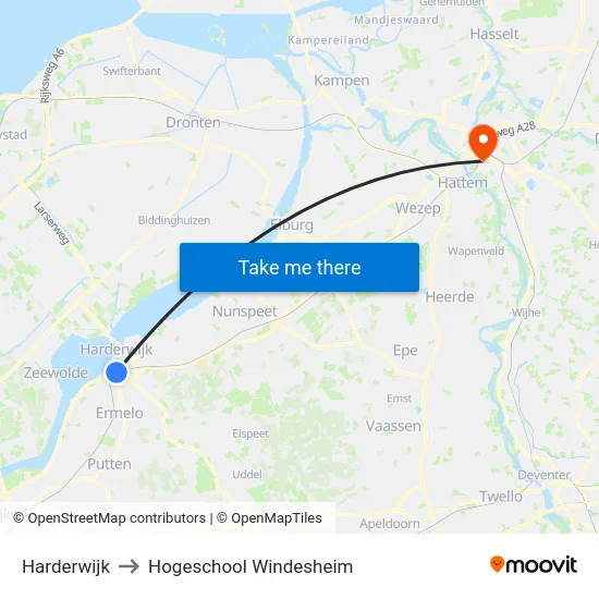 Harderwijk to Hogeschool Windesheim map