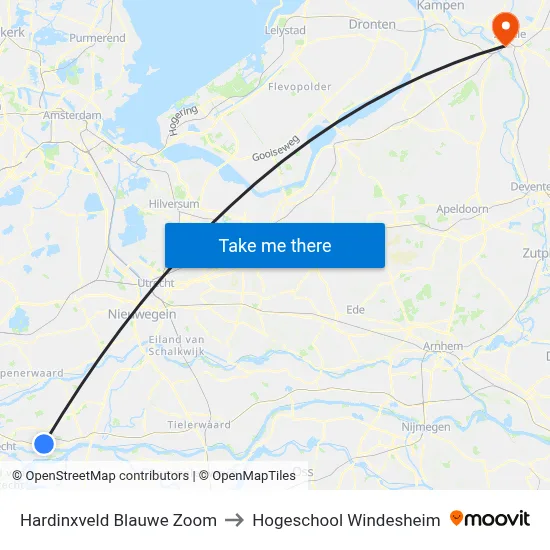 Hardinxveld Blauwe Zoom to Hogeschool Windesheim map