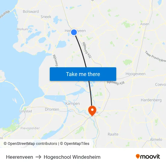 Heerenveen to Hogeschool Windesheim map