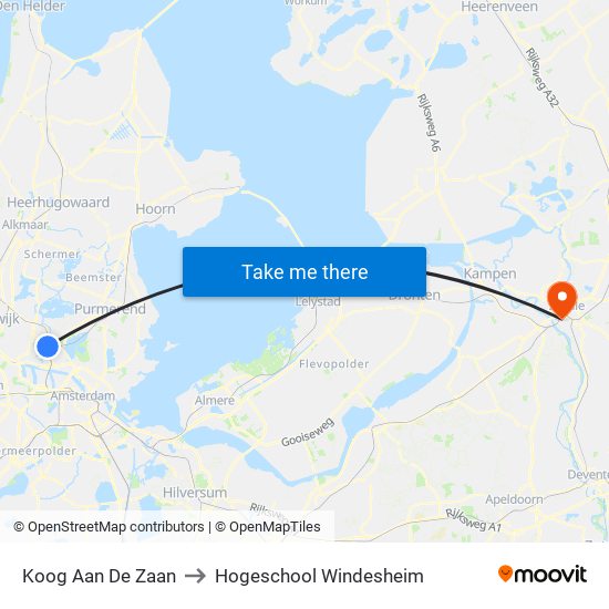 Koog Aan De Zaan to Hogeschool Windesheim map