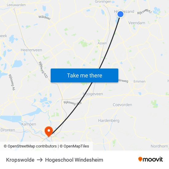 Kropswolde to Hogeschool Windesheim map