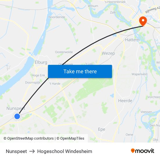 Nunspeet to Hogeschool Windesheim map