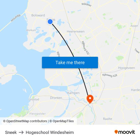 Sneek to Hogeschool Windesheim map