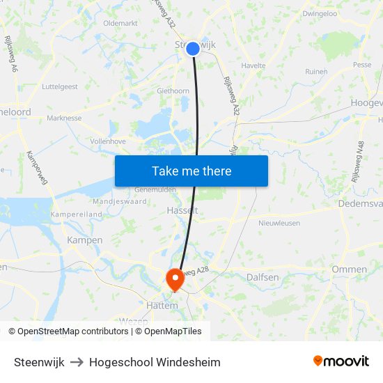 Steenwijk to Hogeschool Windesheim map