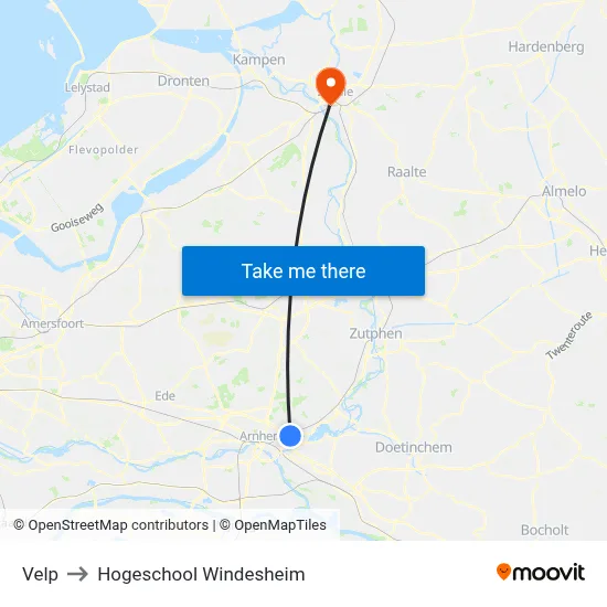 Velp to Hogeschool Windesheim map