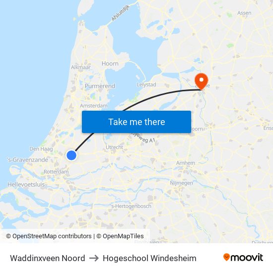 Waddinxveen Noord to Hogeschool Windesheim map