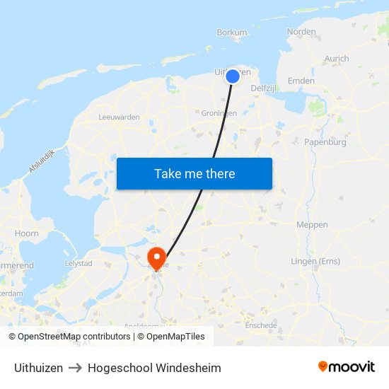 Uithuizen to Hogeschool Windesheim map