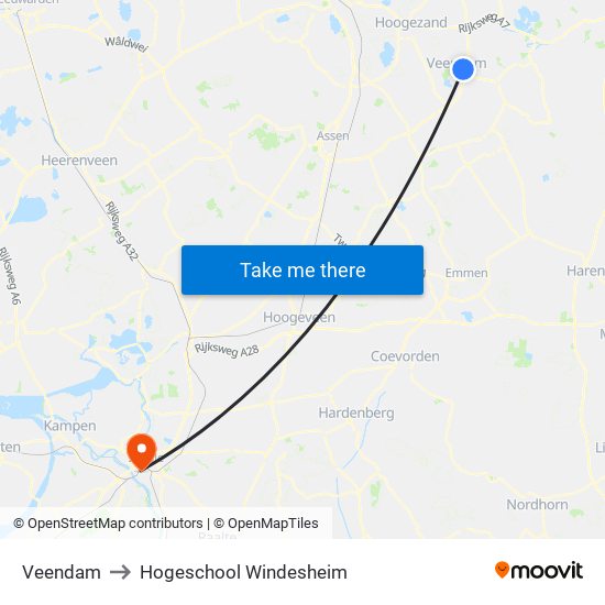 Veendam to Hogeschool Windesheim map