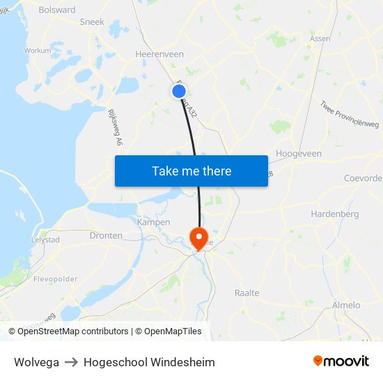 Wolvega to Hogeschool Windesheim map