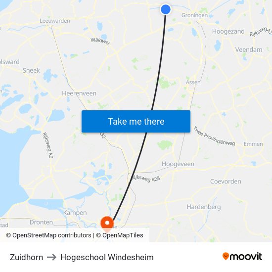 Zuidhorn to Hogeschool Windesheim map