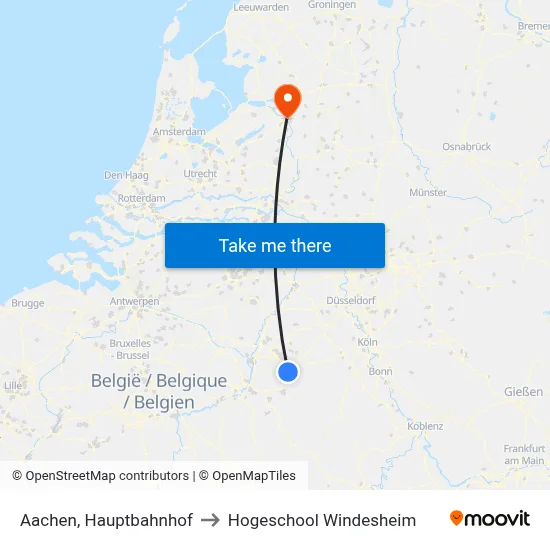 Aachen, Hauptbahnhof to Hogeschool Windesheim map