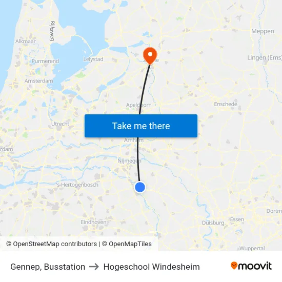 Gennep, Busstation to Hogeschool Windesheim map