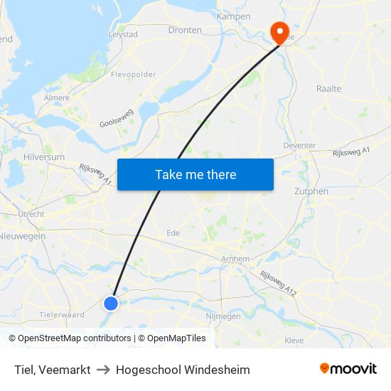 Tiel, Veemarkt to Hogeschool Windesheim map